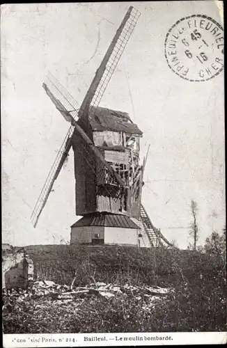 Ak Bailleul Nord, Le moulin bombardé