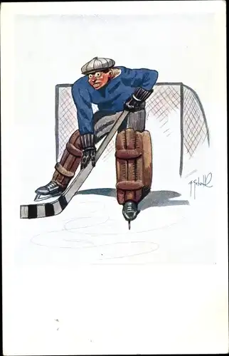 Künstler Ak Eishockey, Torwart vor dem Tor