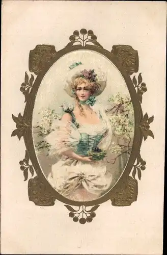 Seiden Passepartout Präge Ak Portrait einer Frau, Frühling