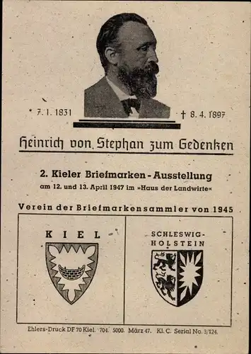 Wappen Ak Kiel, 2. Kieler Briefmarkenausstellung 1947, Heinrich von Stephan zum Gedenken