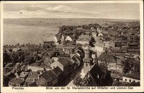 Ak Prenzlau in der Uckermark, Blick von der St. Marienkirche auf Mitteltor und Uecker See