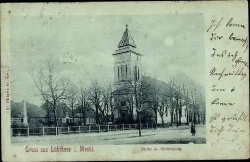Mondschein Ak Lübtheen in Mecklenburg, Kirche, Kirchenplatz