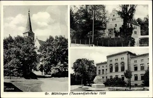 Ak Großmühlingen Bördeland in Sachsen Anhalt, Kirche, Friedrich Loose Denkmal, Schloss