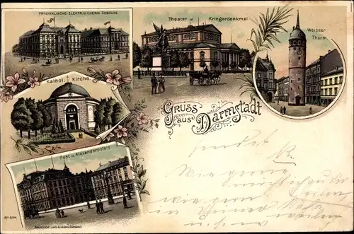 Litho Darmstadt in Hessen, Alexanderpalais, Chemiegebäude, Theater, Weißer Turm, Kirche, Post