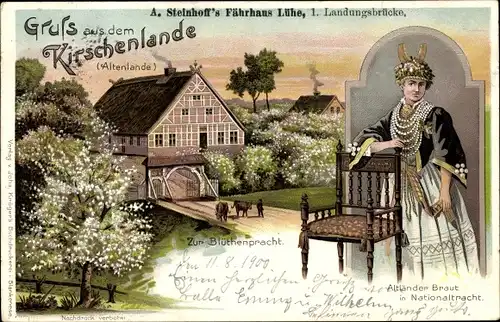 Litho Jork im Alten Land, Kirschenland, Fährhaus Lühe, Blütenpracht, Altländer Braut in Tracht