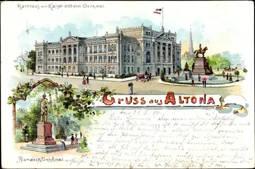 Litho Hamburg Altona, Kaiser Wilhelm Denkmal, Rathaus, Bismarck Denkmal