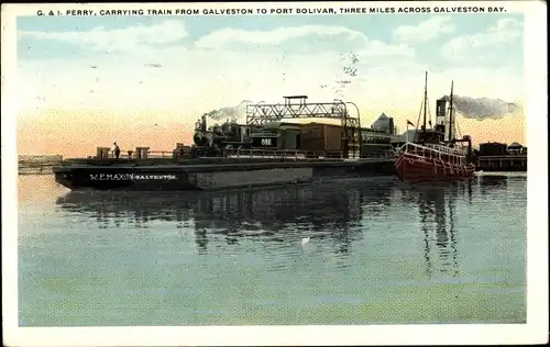 Ak Galveston Texas USA, G. & I. Ferr, carrying train from Galveton to Port Bolivar, Galveston Bay