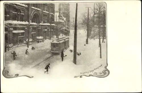 Ak Montreal Québec Kanada, Straßenpartie im Winter, Straßenbahn
