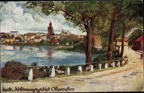 Künstler Ak Ełk Lyck Masuren Ostpreußen, Abstimmungsgebiet, Wasserpartie mit Blick zur Stadt