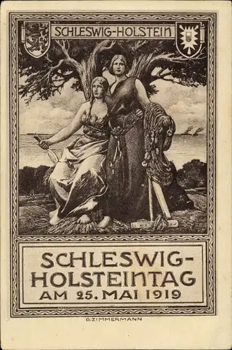 Wappen Künstler Ak Zimmermann, G., Schleswig Holstein Tag 1919, Allegorie, Fischen, Landwirtschaft