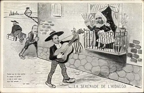 Künstler Ak La Serenade de l'Hidalgo, Emile Loubet, König Alfonso XIII., Wilhelm II, Karikatur