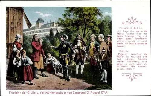 Künstler Ak Potsdam in Brandenburg, Friedrich der Große und Mühlenbesitzer v. Sanssouci 1745