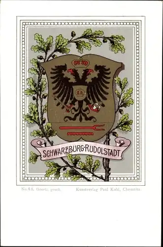 Wappen Litho Schwarzburg Rudolstadt, Doppelkopfadler, Eichenlaub
