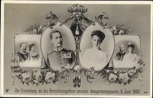 Passepartout Ak Erinnerung an Vermählungsfeier des Kronprinzenpaares 1905, Cecilie, Wilhelm, Kaiser