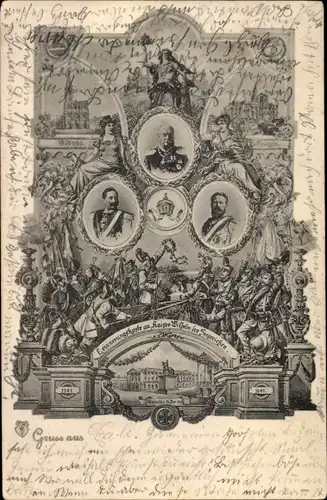Passepartout Ak Kaiser Wilhelm II. von Preußen, Wilhelm I, Friedrich III, Erinnerungskarte