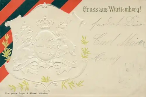Präge Wappen Litho Gruß aus Württemberg