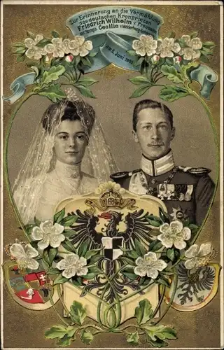 Wappen Litho Kronprinz Wilhelm von Preußen, Kronprinzessin Cecilie von Preußen, Hochzeit
