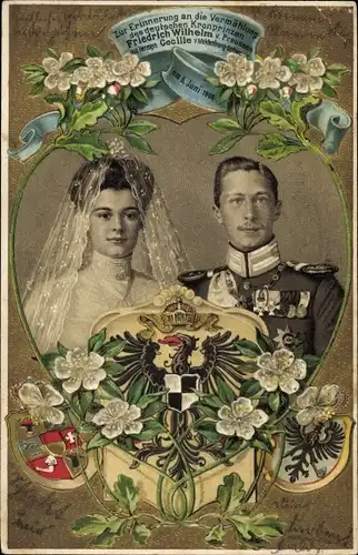 Wappen Litho Kronprinz Wilhelm von Preußen, Kronprinzessin Cecilie von Preußen, Hochzeit