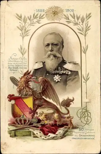 Präge Wappen Passepartout Litho Großherzog Friedrich I. von Baden, Portrait