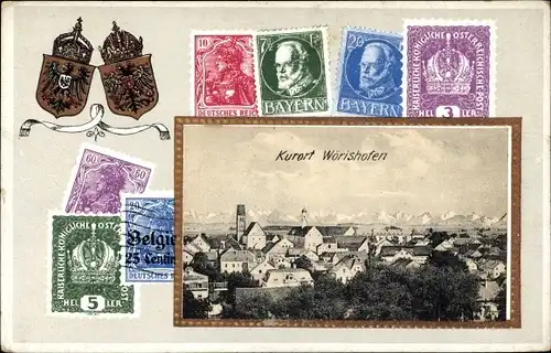 Briefmarken Passepartout Ak Bad Wörishofen im Unterallgäu, Blick auf den Ort, Ludwig III von Bayern