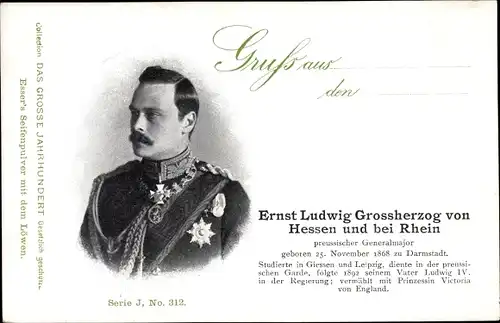 Ak Ernst Ludwig Großherzog von Hessen und bei Rhein, preußischer Generalmajor, Orden