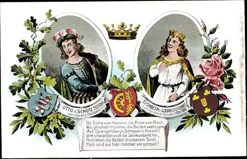 Wappen Ak Otto der Schütz, Landgraf von Hessen und seine Gemahlin Elisabeth von Cleve, Rosen