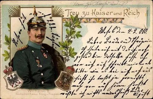 Präge Litho Kaiser Wilhelm II., Treu zu Kaiser und Reich, Wappen