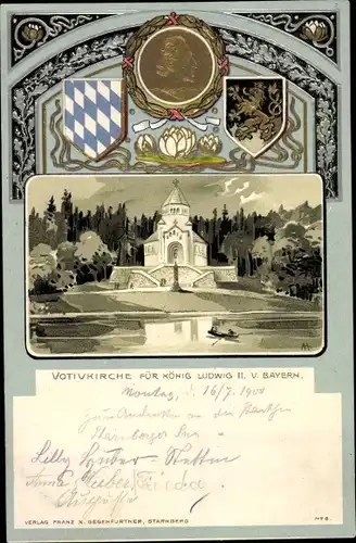 Präge Wappen Künstler Litho Berg am Starnberger See in Oberbayern, Votivkirche für König Ludwig II