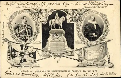 Wappen Ak Hamburg Mitte Altstadt, Porträt Kaiser Wilhelm II., Bürgermeister Burchard, Kaiserdenkmal