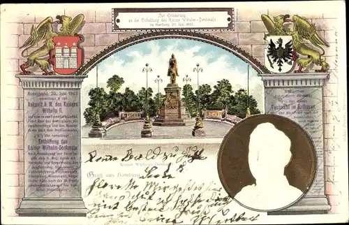 Wappen Präge Litho Hamburg, Enthüllung des Kaiser Wilhelm Denkmals 1903