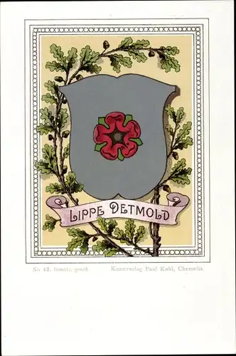 Wappen Litho Lippe Detmold, Rose, Eichenlaub