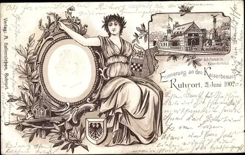 Litho Ruhrort Duisburg im Ruhrgebiet, Kaiserbesuch 1902, Schifferbörse am Kaiserdenkmal