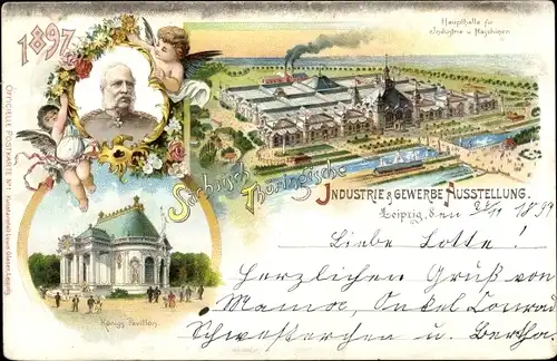 Litho Leipzig, Sächsisch Thüringische Ausstellung 1897, Haupthalle, König Georg, Königs Pavillon