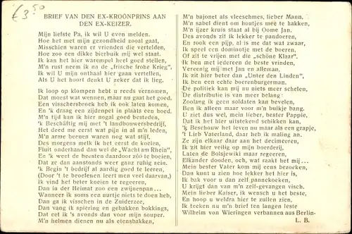 Ak Kronprinz Wilhelm von Preußen im Exil Wieringen 1919, Brief an den Kaiser