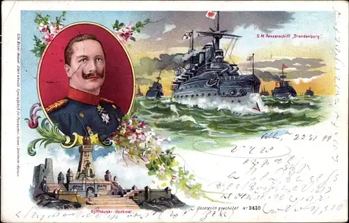 Litho Deutsches Kriegsschiff, SMS Brandenburg, Panzerschiff, Kyffhäuser Denkmal, Kaiser Wilhelm II