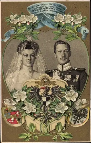 Präge Wappen Ak Kronprinz Wilhelm von Preußen, Kronprinzessin Cecilie von Preußen, Hochzeit