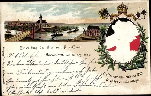 Präge Litho Dortmund im Ruhrgebiet, Einweihung Dortmund Ems Kanal 1899, Wappen, Portrait