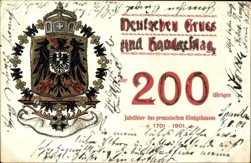 Glitzer Wappen Litho 200 Jahrfeier des preuß. Königshauses 1901