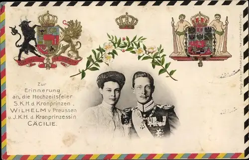 Präge Wappen Ak Kronprinz Wilhelm von Preußen, Kronprinzessin Cecilie von Preußen, Hochzeitsfeier