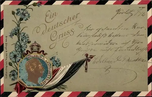 Präge Litho Kaiser Wilhelm II., Fahne, Ein deutscher Gruß