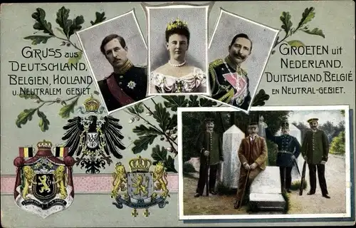 Wappen Ak Grenze, Vierländerblick, Deutschland, Belgien, Holland, Neutrales Gebiet, Wilhelm II