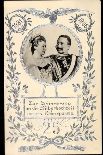 Präge Passepartout Ak Kaiser Wilhelm II., Kaiserin Auguste Viktoria, Silberhochzeit 1906