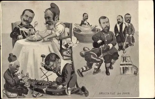 Ak Spectacle du Jour, Karikatur, Émile Loubet, Zar Nikolaus II., George V, Kaiser Wilhelm II.