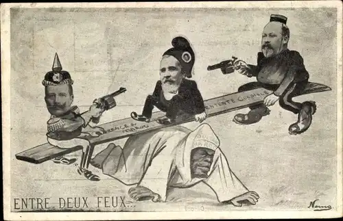 Ak Entre deux feux, Emile Loubet, George V., Kaiser Wilhelm II., Sultan du Maroc, Karikatur