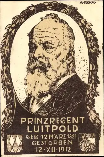 Künstler Ak Reich, A., Prinzregent Luitpold von Bayern, Portrait, Trauerkarte