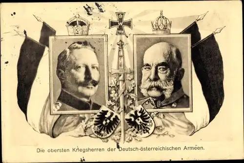 Ak Kaiser Franz Joseph I., Kaiser Wilhelm II., Fahnen, Eisernes Kreuz