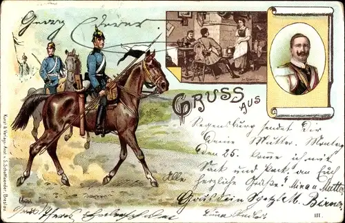 Litho Dragoner, Kavallerie, Reiter, Soldaten, Kaiser Wilhelm II.