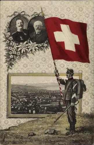 Ak Zürich Stadt Schweiz, Stadtpanorama, Ludwig Forrer, Kaiser Wilhelm II., Schweizerischer Soldat