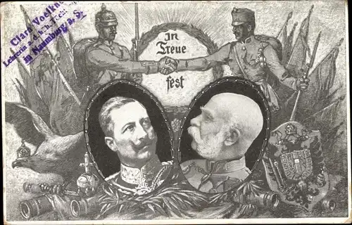 Wappen Ak Kaiser Wilhelm II., Kaiser Franz Joseph I., Portrait, Preußischer Adler, Händedruck