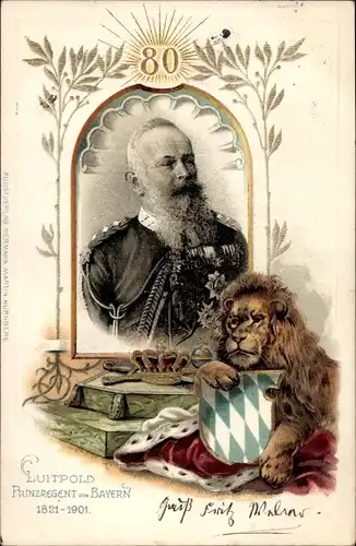 Präge Wappen Litho Prinzregent Luitpold von Bayern, Portrait, Löwe